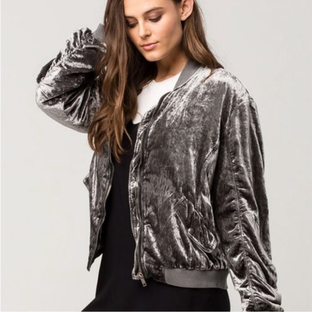 Free People Gray Velvet Ruched Jacket